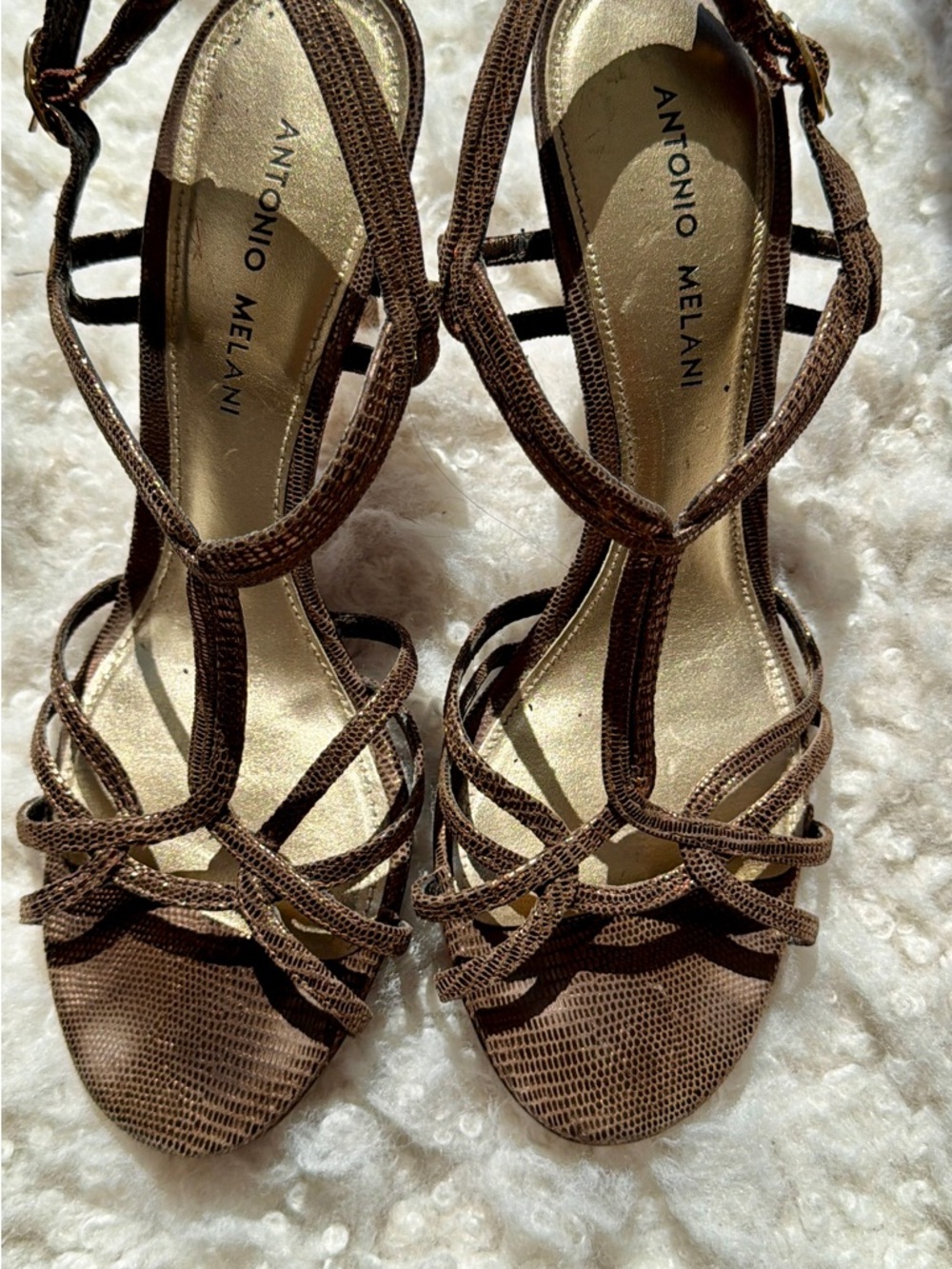 ANTONIO MELANI Metallic Brown Full Leather High-Heel Strappy Sandals - Picture 14 of 14